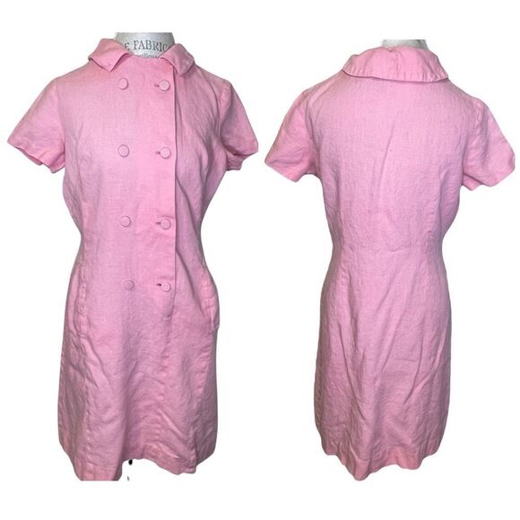 Vintage 1960’s Tailor Town 100% Pure Irish Linen MIDI Double-Breasted Dress Pink - Picture 1 of 14